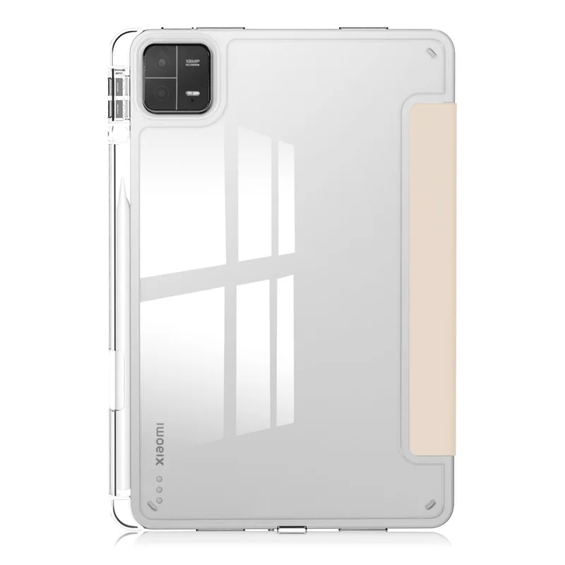 For Xiaomi Pad 6 / Pad 6 Pro Stand Tablet Case PU Leather + TPU + Acrylic Clear Smart Cover with Pen Slot - Apricot