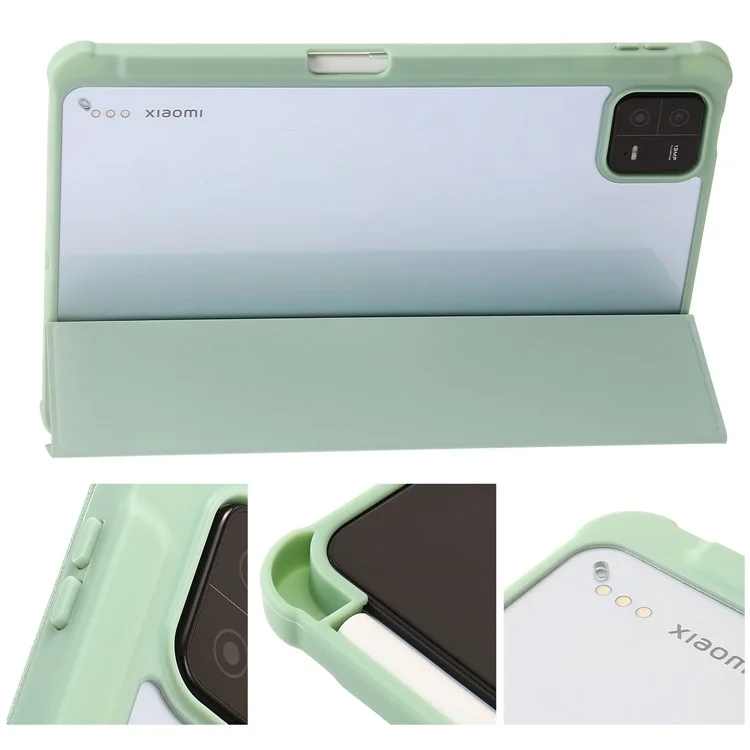 Für Xiaomi Pad 6 / Pad 6 Pro Tri-fold Stand Tablet Case PU Leder Transparente Acryl-TPU Smartcover - Mint Green
