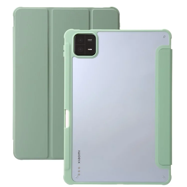 Für Xiaomi Pad 6 / Pad 6 Pro Tri-fold Stand Tablet Case PU Leder Transparente Acryl-TPU Smartcover - Mint Green