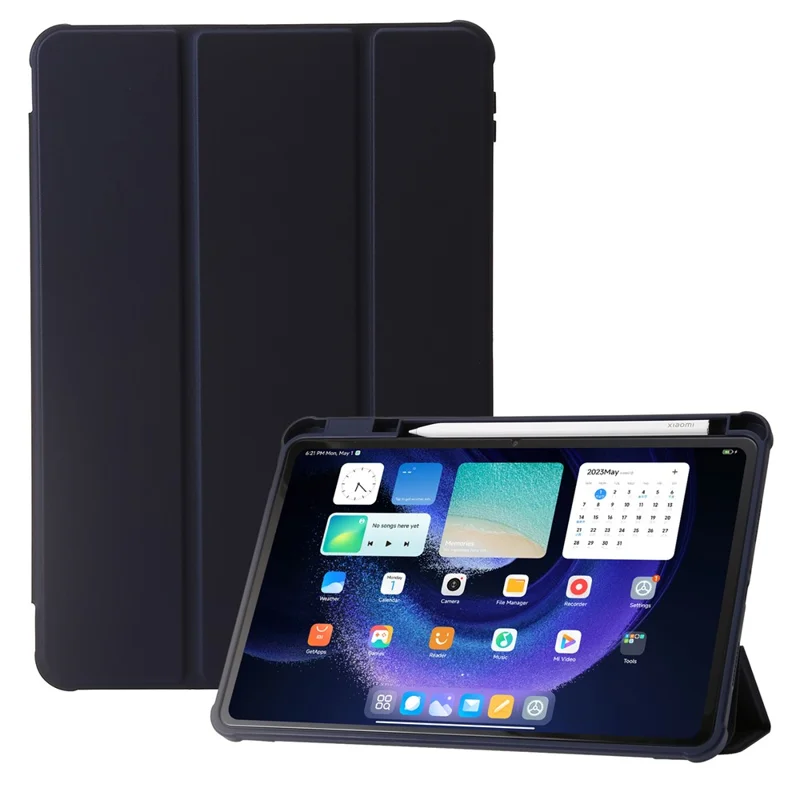 For Xiaomi Pad 6 / Pad 6 Pro Tri-fold Stand Tablet Case PU Leather Transparent Acrylic TPU Smart Cover - Dark Blue