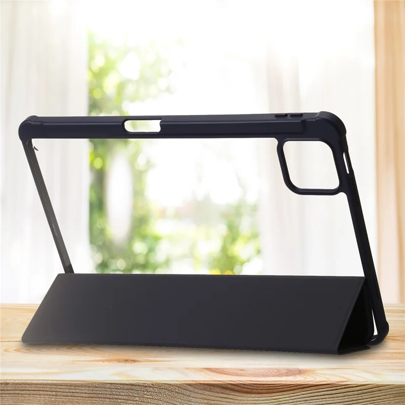 For Xiaomi Pad 6 / Pad 6 Pro Tri-fold Stand Tablet Case PU Leather Transparent Acrylic TPU Smart Cover - Dark Blue