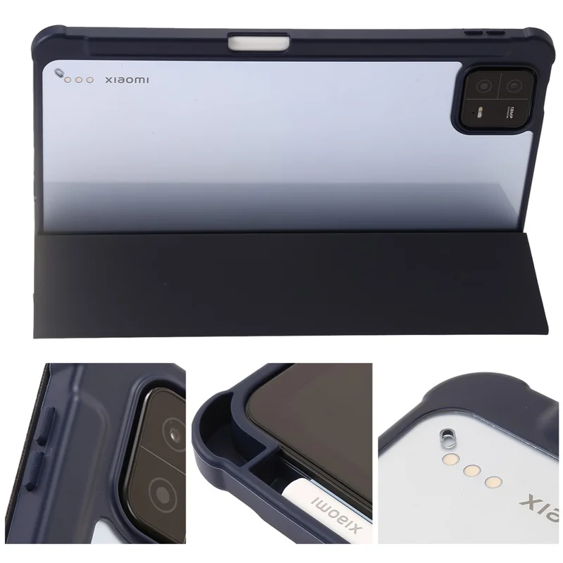 For Xiaomi Pad 6 / Pad 6 Pro Tri-fold Stand Tablet Case PU Leather Transparent Acrylic TPU Smart Cover - Dark Blue