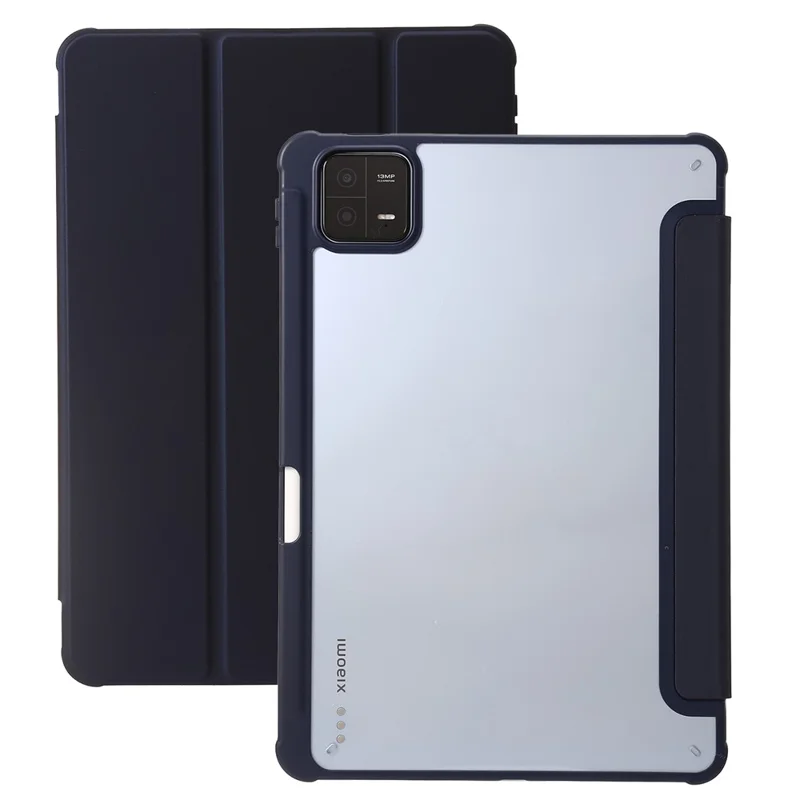 For Xiaomi Pad 6 / Pad 6 Pro Tri-fold Stand Tablet Case PU Leather Transparent Acrylic TPU Smart Cover - Dark Blue