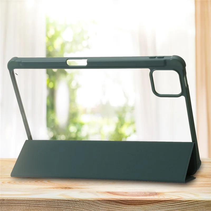 For Xiaomi Pad 6 / Pad 6 Pro Tri-fold Stand Tablet Case PU Leather Transparent Acrylic TPU Smart Cover - Blackish Green