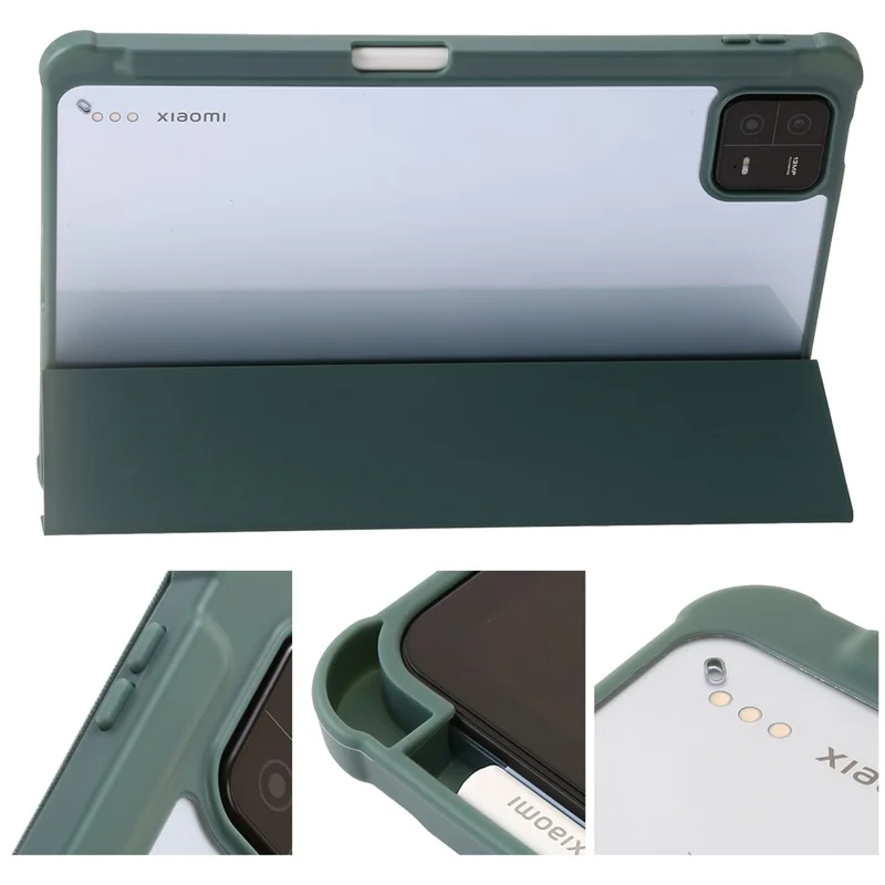 For Xiaomi Pad 6 / Pad 6 Pro Tri-fold Stand Tablet Case PU Leather Transparent Acrylic TPU Smart Cover - Blackish Green