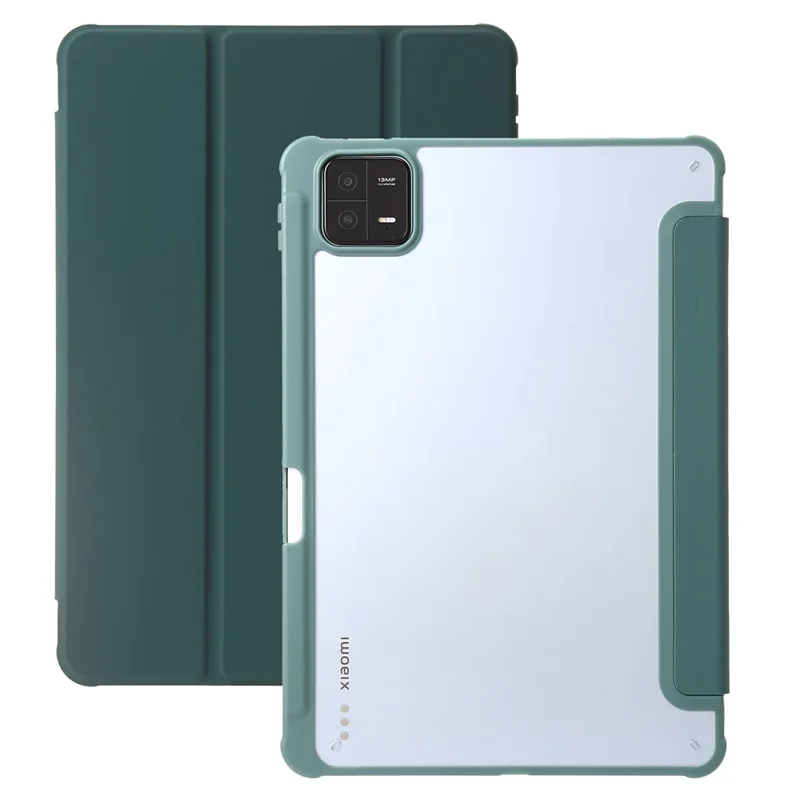 For Xiaomi Pad 6 / Pad 6 Pro Tri-fold Stand Tablet Case PU Leather Transparent Acrylic TPU Smart Cover - Blackish Green