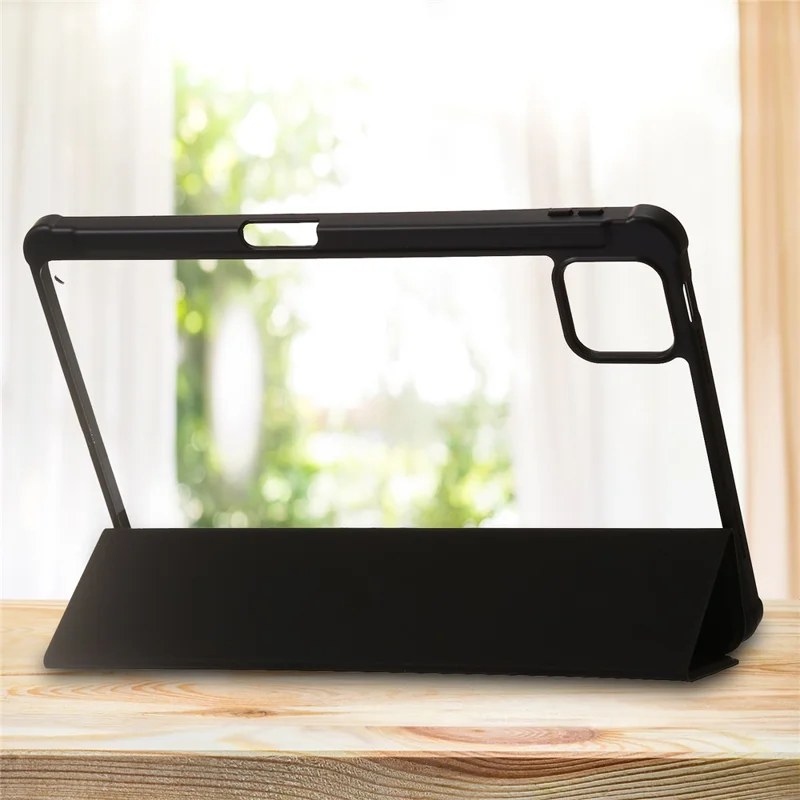 For Xiaomi Pad 6 / Pad 6 Pro Tri-fold Stand Tablet Case PU Leather Transparent Acrylic TPU Smart Cover - Black