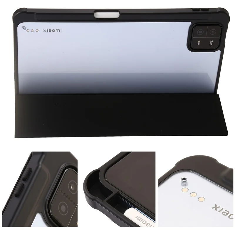 For Xiaomi Pad 6 / Pad 6 Pro Tri-fold Stand Tablet Case PU Leather Transparent Acrylic TPU Smart Cover - Black