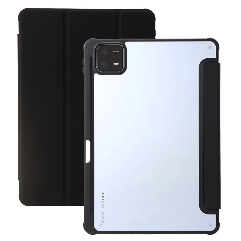 For Xiaomi Pad 6 / Pad 6 Pro Tri-fold Stand Tablet Case PU Leather Transparent Acrylic TPU Smart Cover - Black