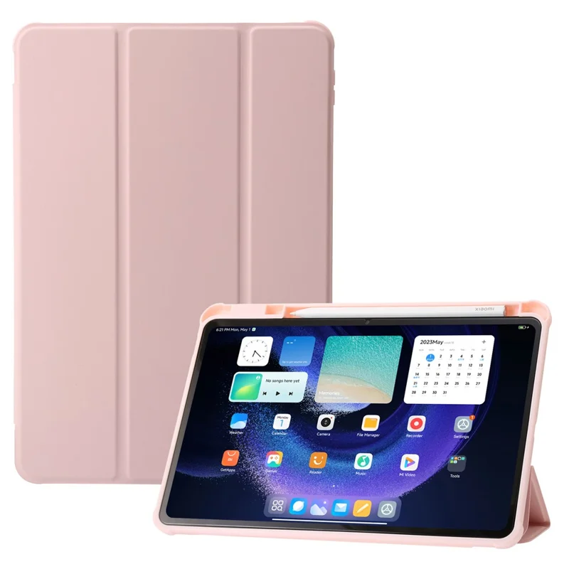 For Xiaomi Pad 6 / Pad 6 Pro Tri-fold Stand Tablet Case PU Leather Transparent Acrylic TPU Smart Cover - Pink