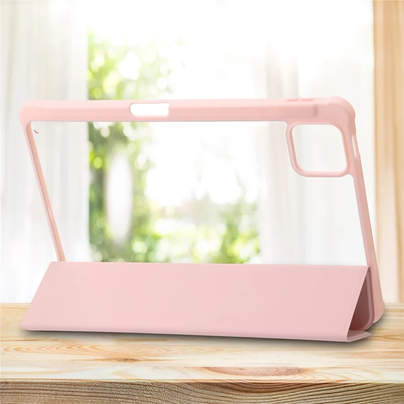 For Xiaomi Pad 6 / Pad 6 Pro Tri-fold Stand Tablet Case PU Leather Transparent Acrylic TPU Smart Cover - Pink