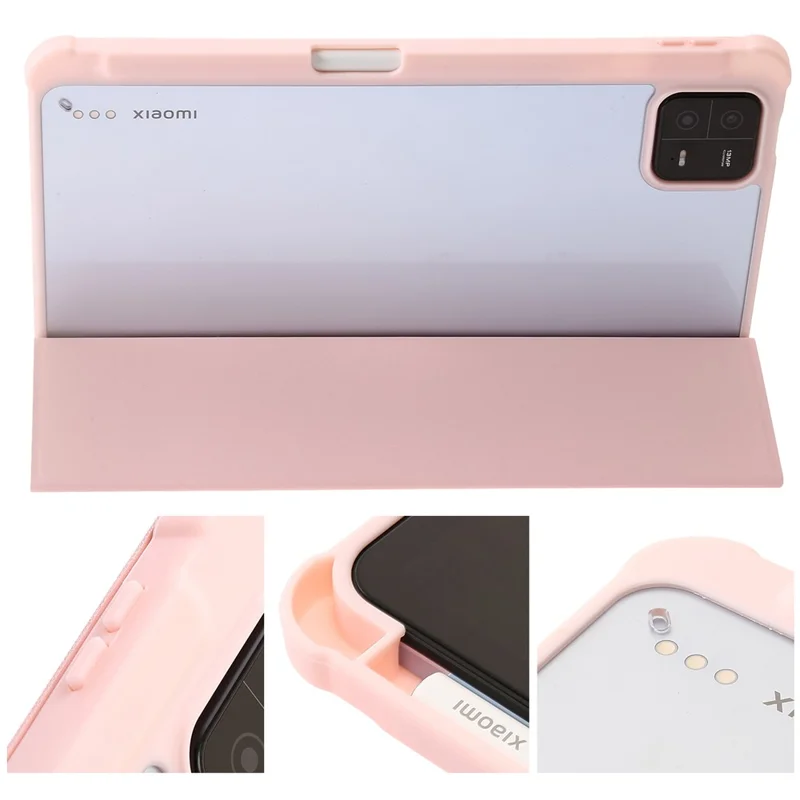 For Xiaomi Pad 6 / Pad 6 Pro Tri-fold Stand Tablet Case PU Leather Transparent Acrylic TPU Smart Cover - Pink