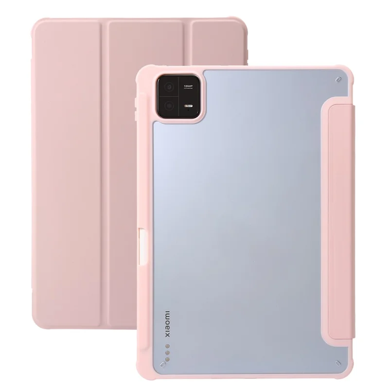 For Xiaomi Pad 6 / Pad 6 Pro Tri-fold Stand Tablet Case PU Leather Transparent Acrylic TPU Smart Cover - Pink