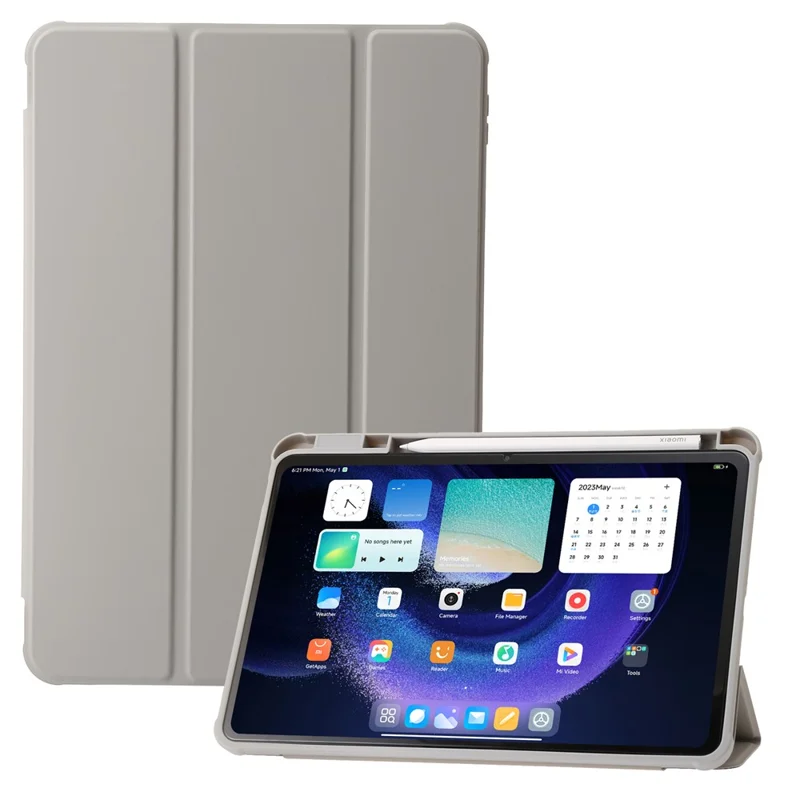 For Xiaomi Pad 6 / Pad 6 Pro Tri-fold Stand Tablet Case PU Leather Transparent Acrylic TPU Smart Cover - Beige