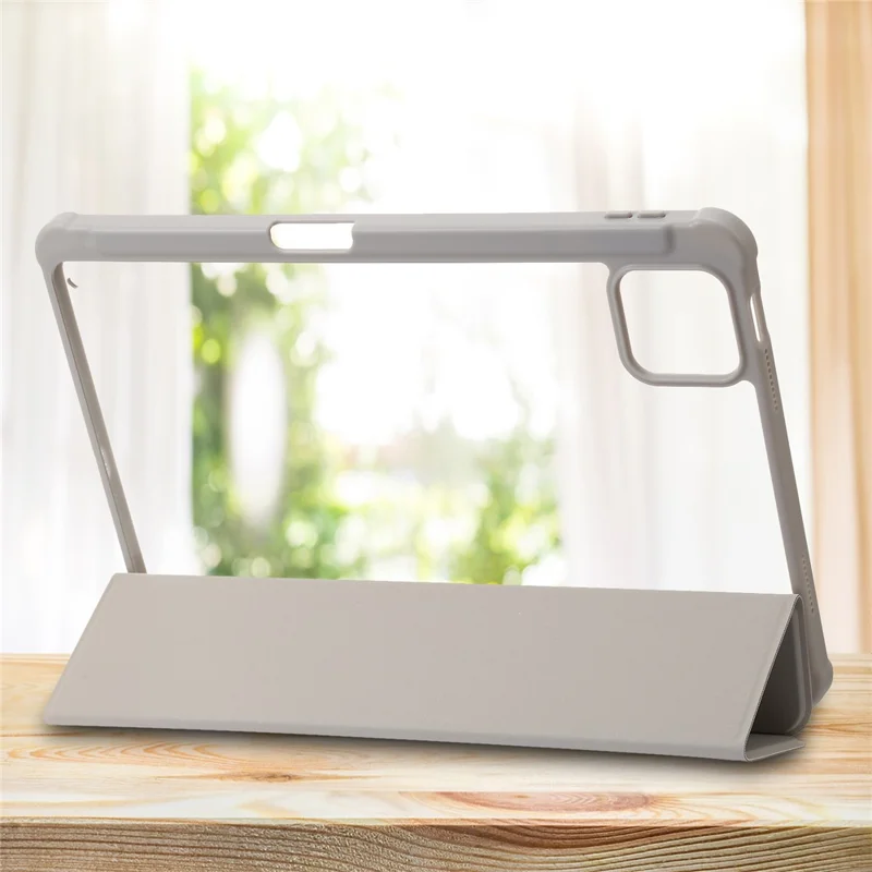For Xiaomi Pad 6 / Pad 6 Pro Tri-fold Stand Tablet Case PU Leather Transparent Acrylic TPU Smart Cover - Beige