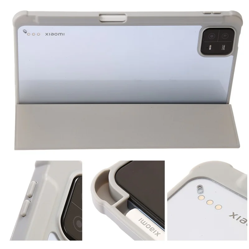 For Xiaomi Pad 6 / Pad 6 Pro Tri-fold Stand Tablet Case PU Leather Transparent Acrylic TPU Smart Cover - Beige