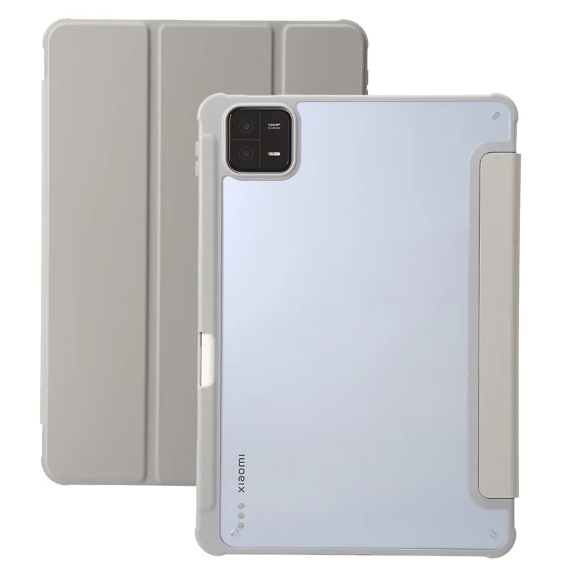 For Xiaomi Pad 6 / Pad 6 Pro Tri-fold Stand Tablet Case PU Leather Transparent Acrylic TPU Smart Cover - Beige