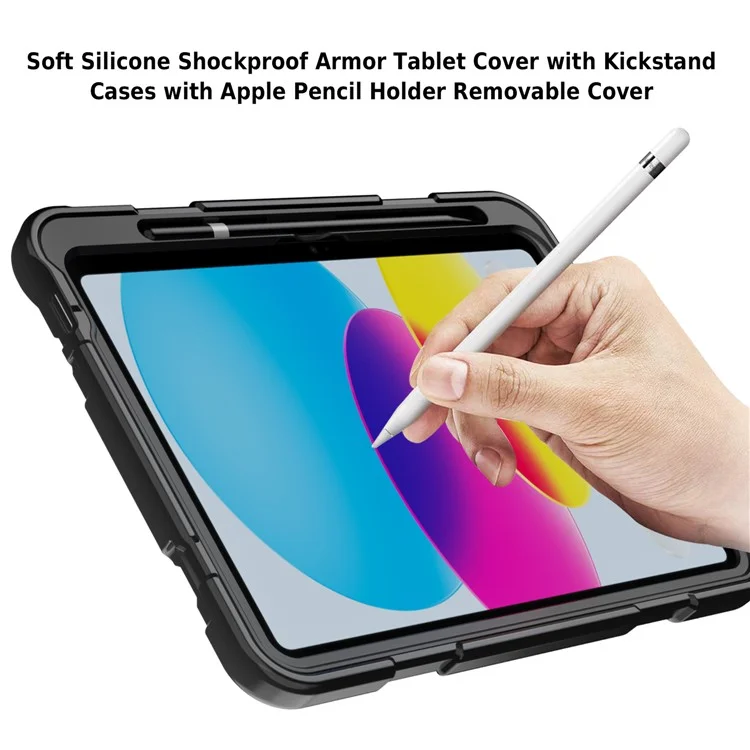 For iPad (2025) / 10.9 (2022) Silicone Protective Cover PC Kickstand Kids Friendly Tablet Case - Black