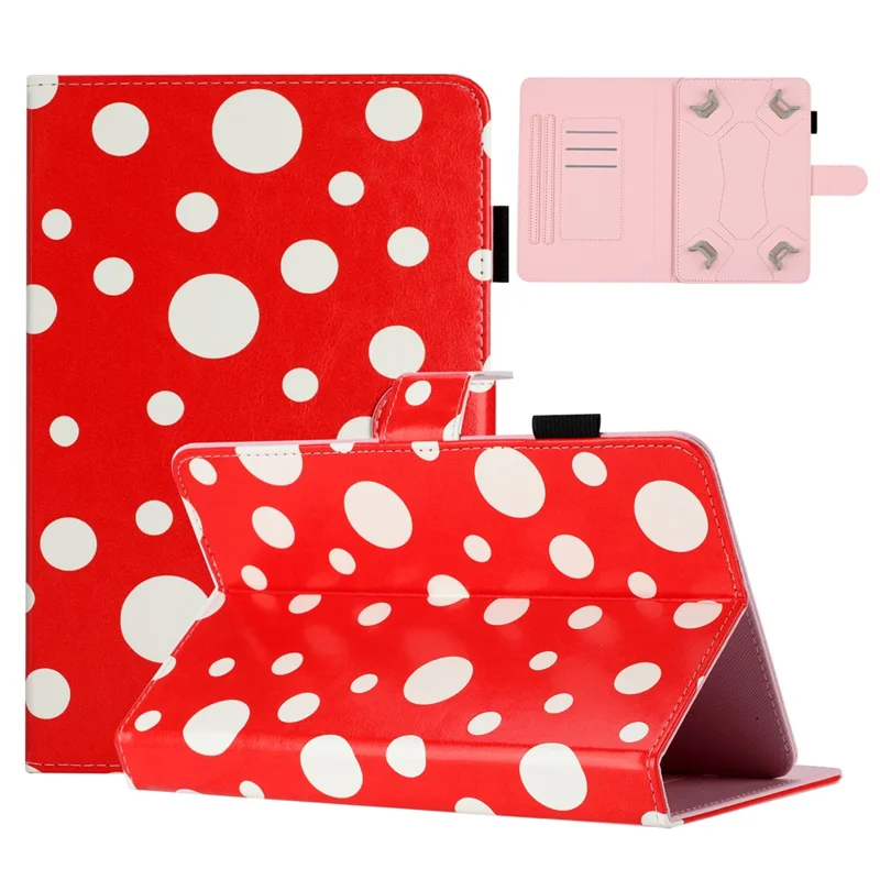 8-inch Auto Wake / Sleep Card Holder PU Leather Stand Case Dots Pattern Tablet Protective Cover - Red / White Dots