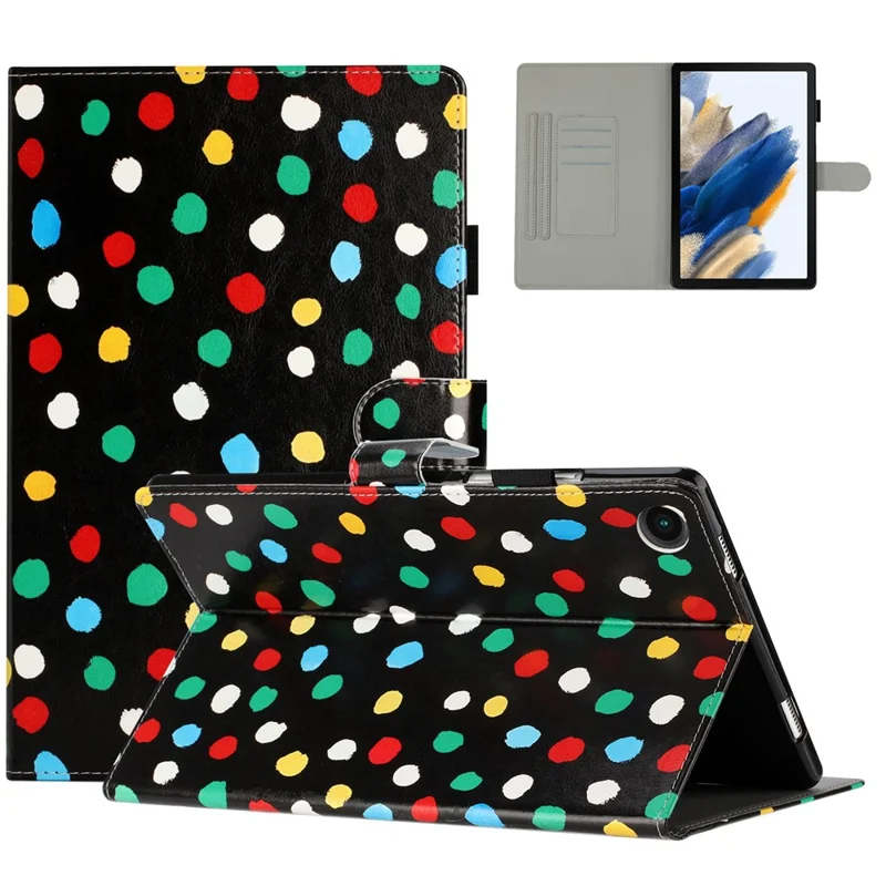 For Samsung Galaxy Tab A8 10.5 (2021) X200 / X205 Dots Pattern PU Leather Stand Case Card Holder Tablet Cover - Black / Multi-color Dots