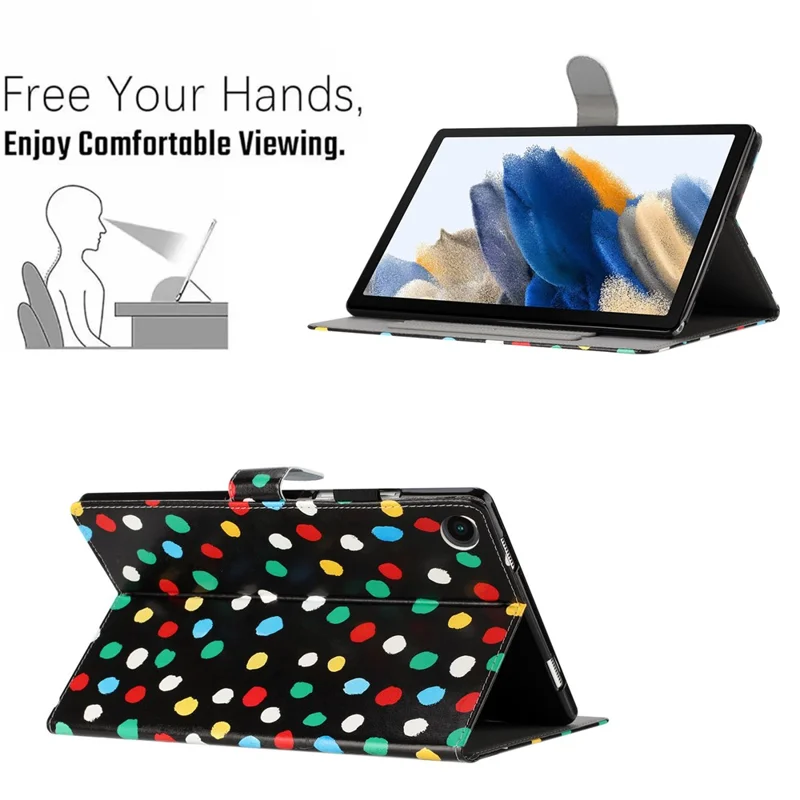 For Samsung Galaxy Tab A8 10.5 (2021) X200 / X205 Dots Pattern PU Leather Stand Case Card Holder Tablet Cover - Black / Multi-color Dots