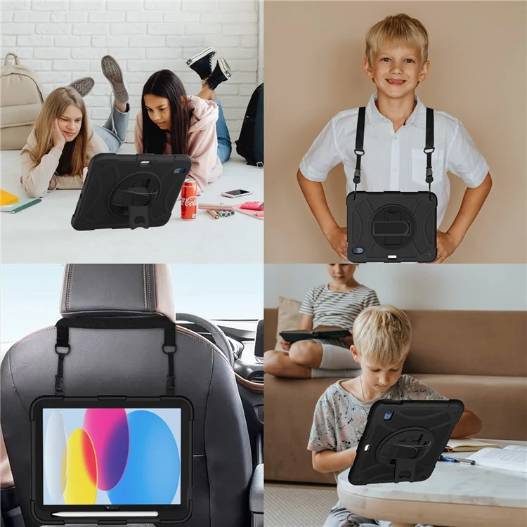 Für iPad 10.9 (2022) Drehbarer Ständer Tablet-Hülle Silikon+PC Stoßfest Hülle mit Stifthalter / Umhängegurt - Schwarz