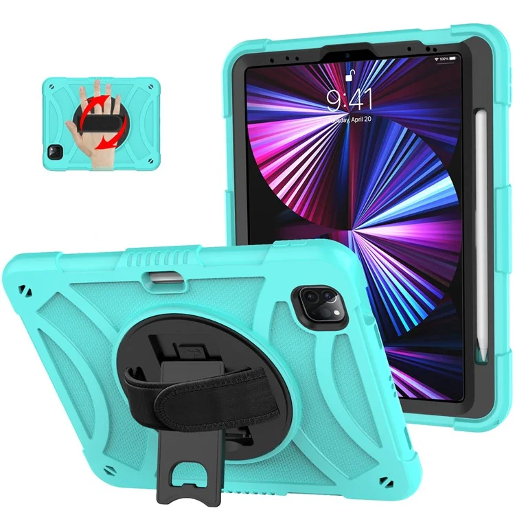 Tablet Case for iPad Pro 11 (2018) / (2020) / (2021) / (2022) / iPad Air (2020) / (2022) , Silicone+PC Rotating Kickstand Protective Cover with Pencil Holder - Mint Green