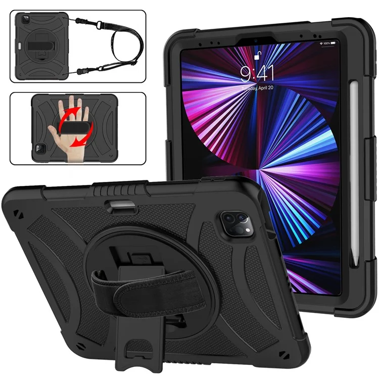 Rotating Kickstand Cover for iPad Pro 11 (2018) / (2020) / (2021) / (2022) / iPad Air (2020) / (2022) , Silicone+PC  Tablet Case with Pencil Holder / Shoulder Strap - Black