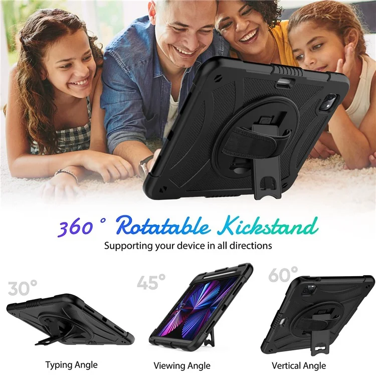 Rotating Kickstand Cover for iPad Pro 11 (2018) / (2020) / (2021) / (2022) / iPad Air (2020) / (2022) , Silicone+PC  Tablet Case with Pencil Holder / Shoulder Strap - Black