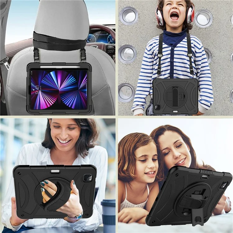 Rotating Kickstand Cover for iPad Pro 11 (2018) / (2020) / (2021) / (2022) / iPad Air (2020) / (2022) , Silicone+PC  Tablet Case with Pencil Holder / Shoulder Strap - Black