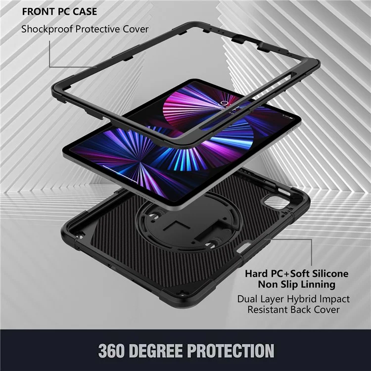 Rotating Kickstand Cover for iPad Pro 11 (2018) / (2020) / (2021) / (2022) / iPad Air (2020) / (2022) , Silicone+PC  Tablet Case with Pencil Holder / Shoulder Strap - Black