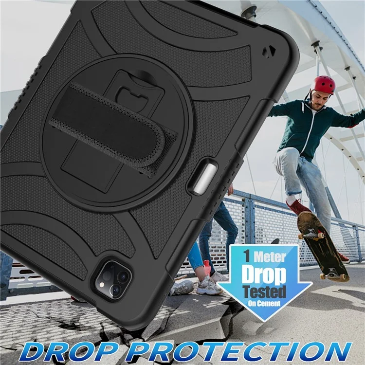 Rotating Kickstand Cover for iPad Pro 11 (2018) / (2020) / (2021) / (2022) / iPad Air (2020) / (2022) , Silicone+PC  Tablet Case with Pencil Holder / Shoulder Strap - Black