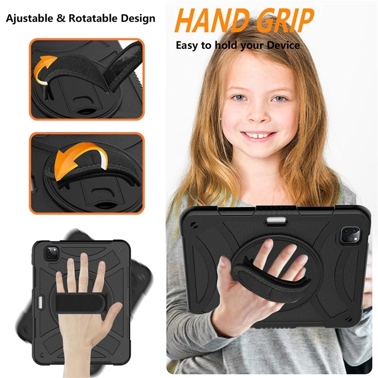 Rotating Kickstand Cover for iPad Pro 11 (2018) / (2020) / (2021) / (2022) / iPad Air (2020) / (2022) , Silicone+PC  Tablet Case with Pencil Holder / Shoulder Strap - Black