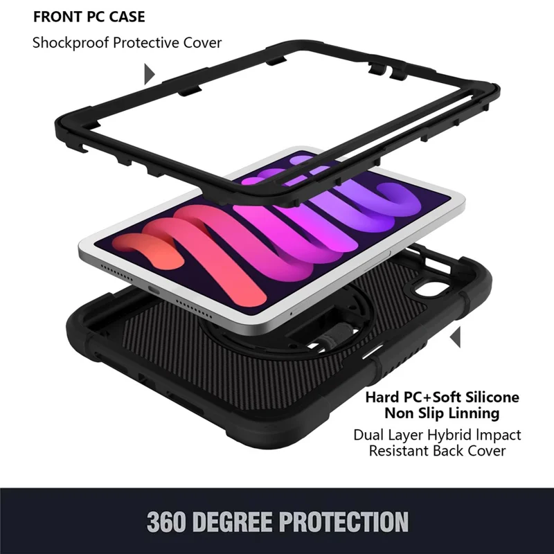 For iPad mini (2024) / mini (2021) Tablet Case Silicone+PC Rotating Kickstand Cover with Pencil Holder / Shoulder Strap - Black