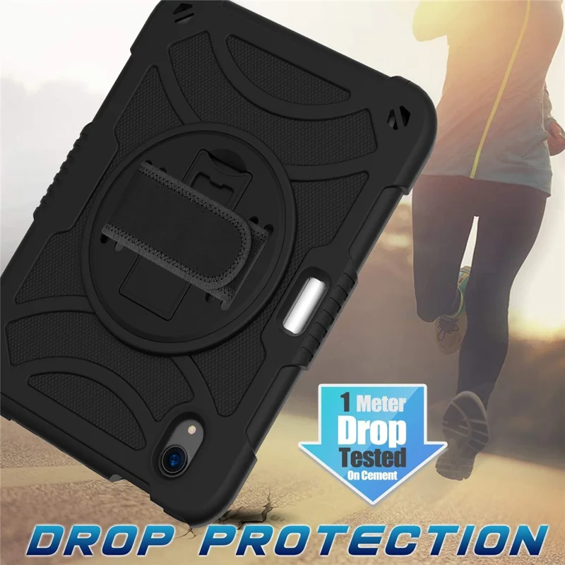 For iPad mini (2024) / mini (2021) Tablet Case Silicone+PC Rotating Kickstand Cover with Pencil Holder / Shoulder Strap - Black