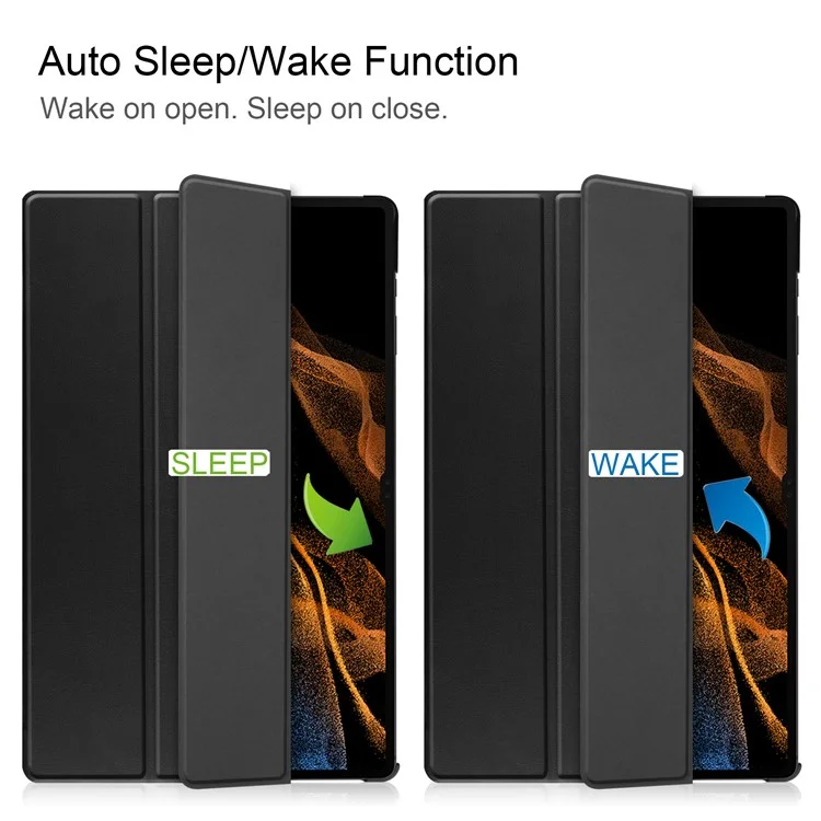 Pour Samsung Galaxy Tab S8 Ultra Tri-fold Stand Tablet Case Auto Wake / Sleep Leather Tablet Cover - Noir