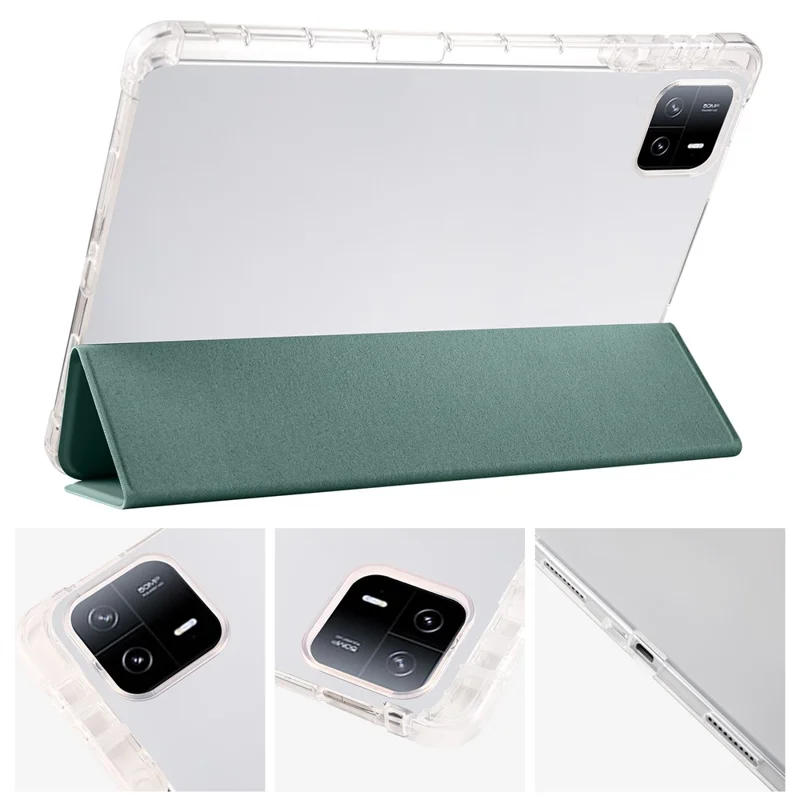 Para Xiaomi Pad 6 / Pad 6 Pro Funda de soporte de triple pliegue de cuero PU con respaldo transparente Funda de tableta con ranura para lápiz - Verde medianoche