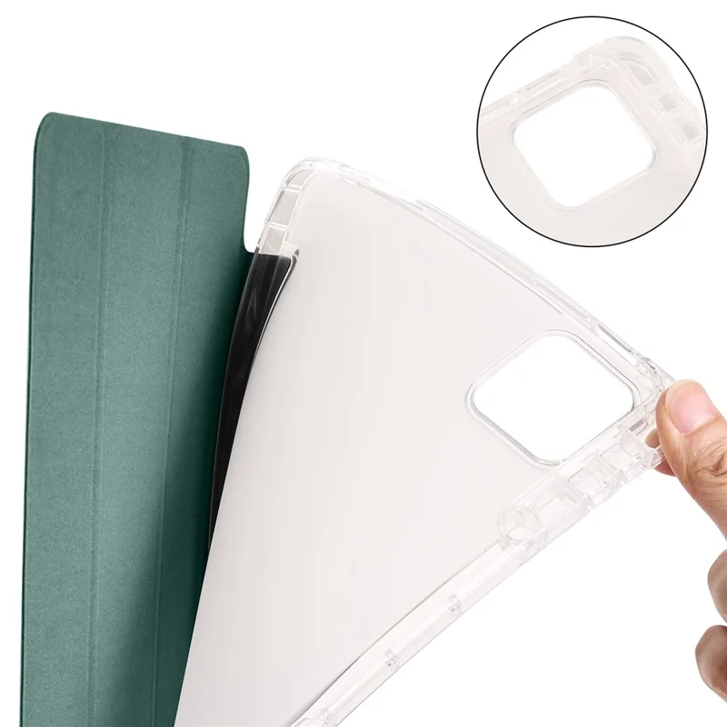Para Xiaomi Pad 6 / Pad 6 Pro Funda de soporte de triple pliegue de cuero PU con respaldo transparente Funda de tableta con ranura para lápiz - Verde medianoche