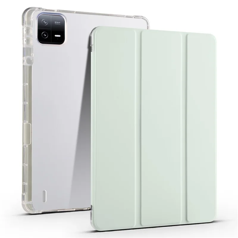 For Xiaomi Pad 6 / Pad 6 Pro Tri-Fold Stand Case PU Leather Transparent Back Tablet Cover with Pencil Slot - Light Green