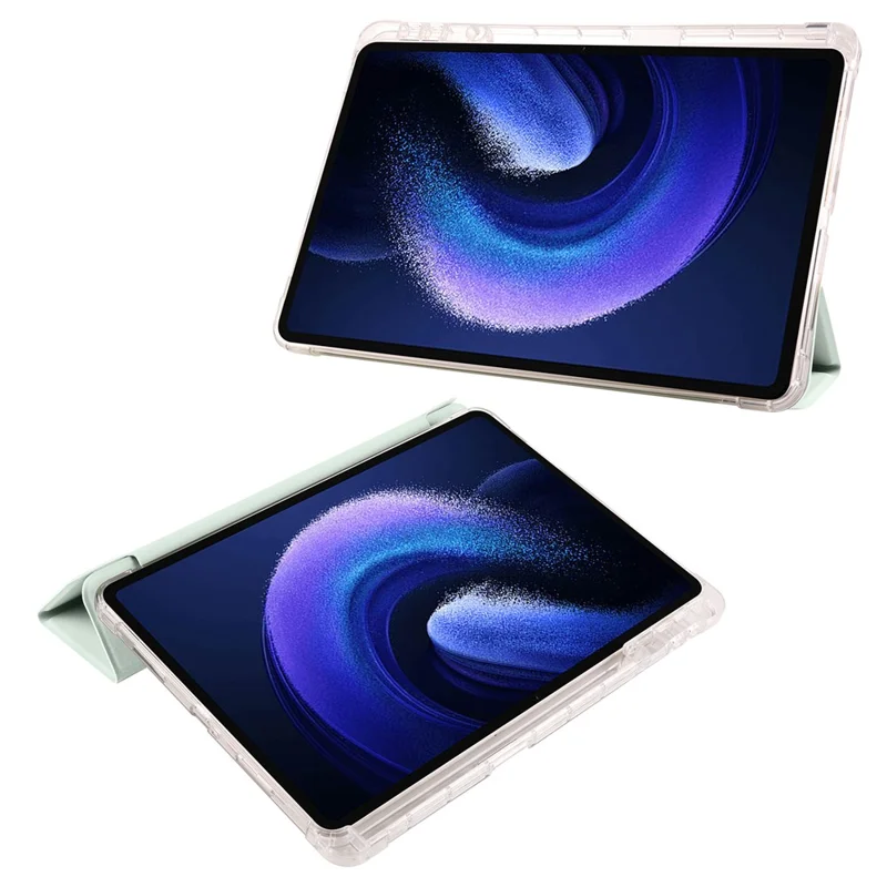 For Xiaomi Pad 6 / Pad 6 Pro Tri-Fold Stand Case PU Leather Transparent Back Tablet Cover with Pencil Slot - Light Green