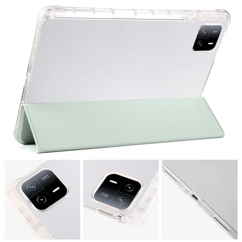 For Xiaomi Pad 6 / Pad 6 Pro Tri-Fold Stand Case PU Leather Transparent Back Tablet Cover with Pencil Slot - Light Green