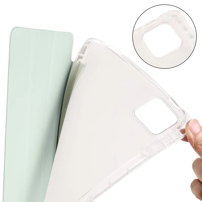 For Xiaomi Pad 6 / Pad 6 Pro Tri-Fold Stand Case PU Leather Transparent Back Tablet Cover with Pencil Slot - Light Green