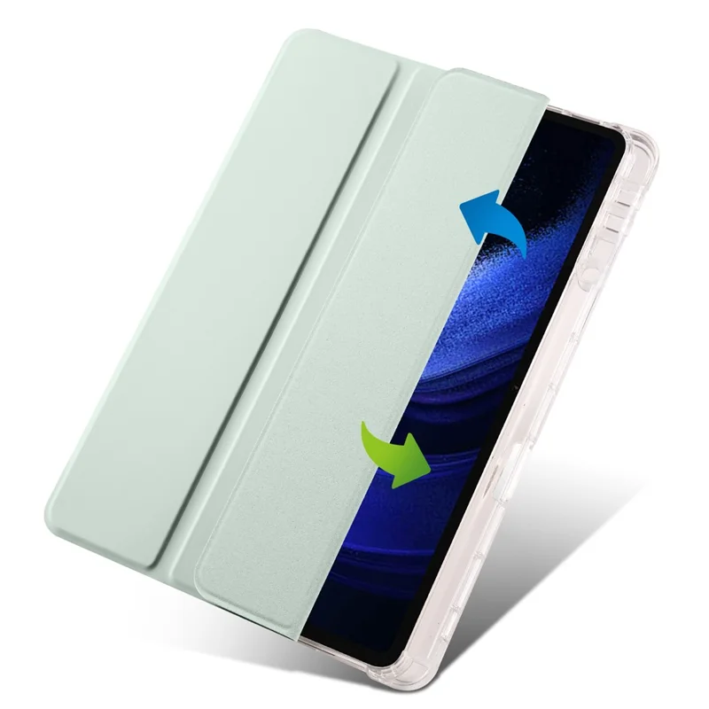For Xiaomi Pad 6 / Pad 6 Pro Tri-Fold Stand Case PU Leather Transparent Back Tablet Cover with Pencil Slot - Light Green
