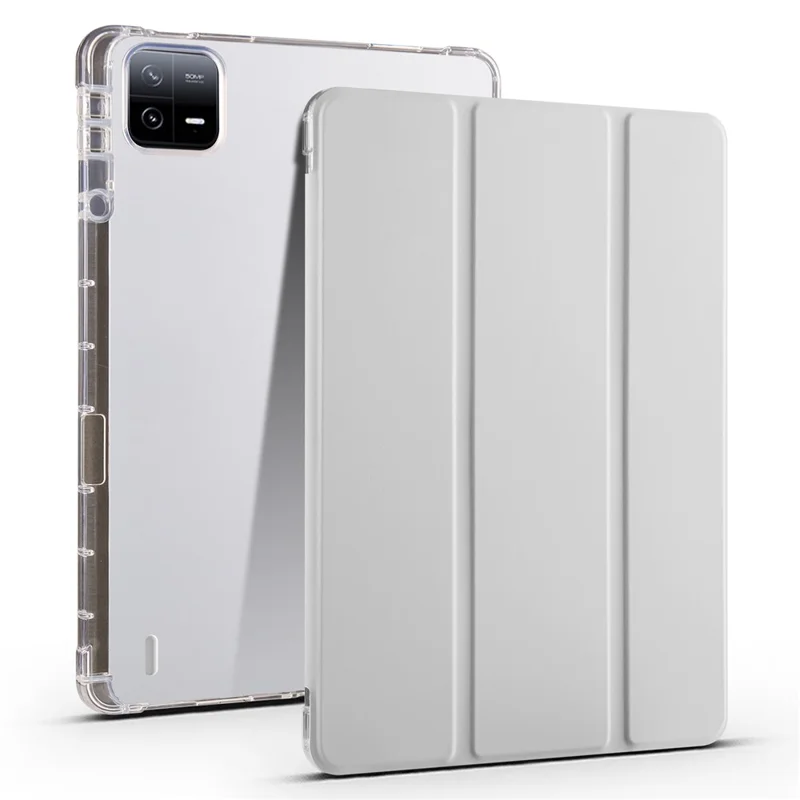 Pour Xiaomi Pad 6 / Pad 6 Pro Étui de support à trois volets en cuir PU avec dos transparent Housse de tablette avec fente pour crayon - Gris