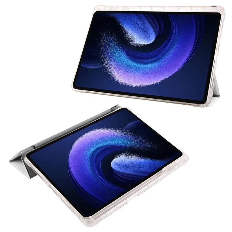 Pour Xiaomi Pad 6 / Pad 6 Pro Étui de support à trois volets en cuir PU avec dos transparent Housse de tablette avec fente pour crayon - Gris