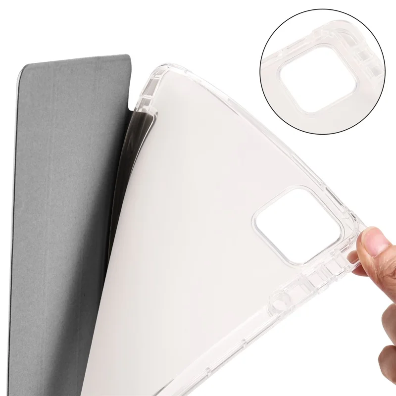 Pour Xiaomi Pad 6 / Pad 6 Pro Étui de support à trois volets en cuir PU avec dos transparent Housse de tablette avec fente pour crayon - Gris