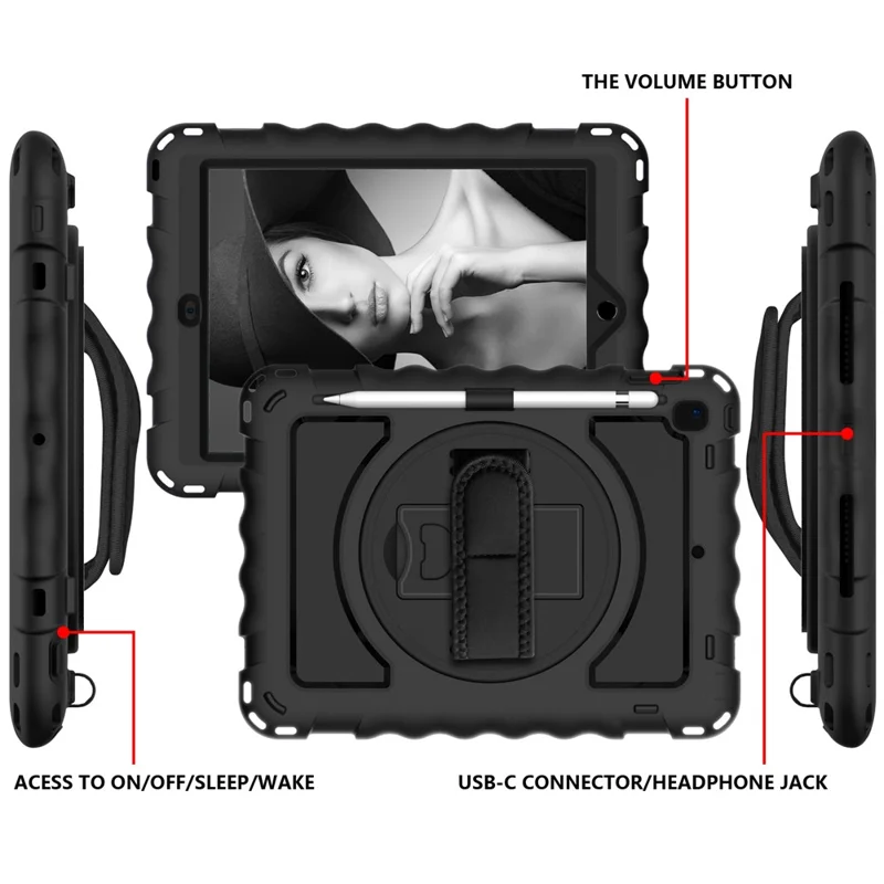 Funda con soporte para iPad Pro de 9,7 pulgadas (2016) / iPad de 9,7 pulgadas (2017) / (2018) / iPad Air 2 Silicona+PC Funda para tablet con correa para el hombro - Negro