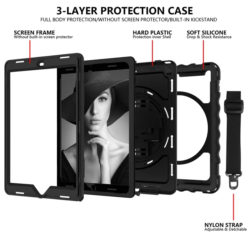 Funda con soporte para iPad Pro de 9,7 pulgadas (2016) / iPad de 9,7 pulgadas (2017) / (2018) / iPad Air 2 Silicona+PC Funda para tablet con correa para el hombro - Negro