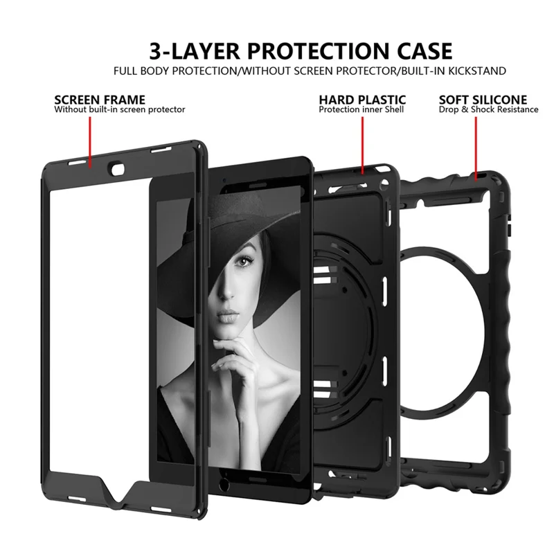 For iPad 10.2 (2021) / (2020) / (2019) Rotating Kickstand Tablet Case Silicone+PC Anti-drop Tablet Cover - Black