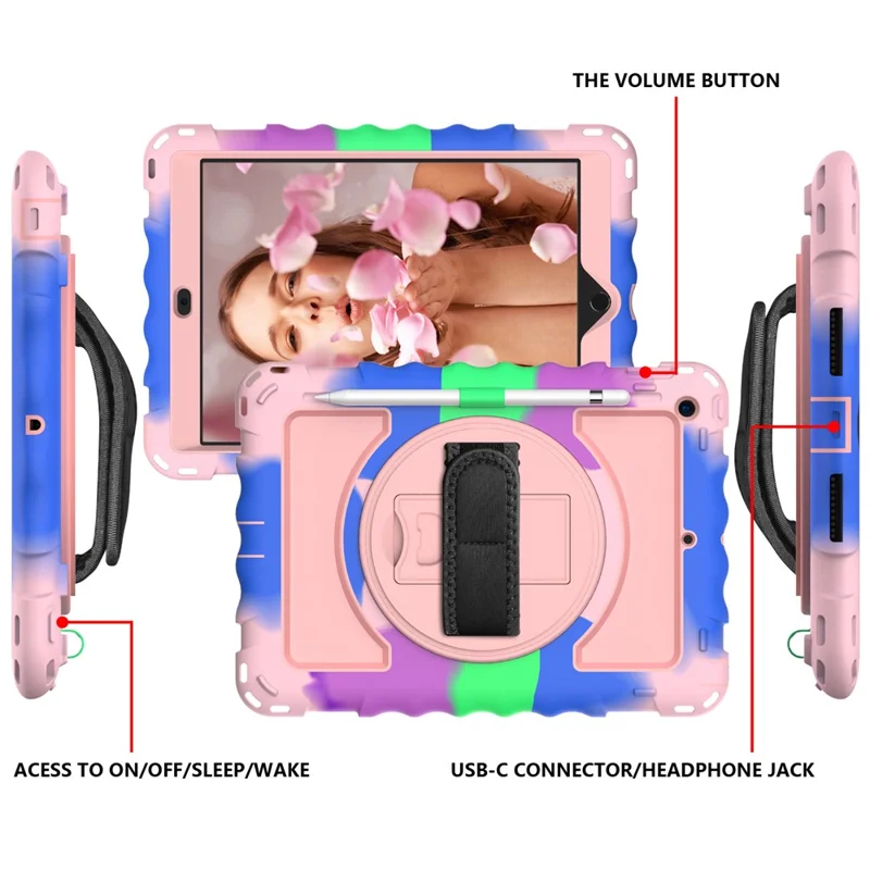 Para iPad 10.2 (2021) / (2019) / (2020) Anti-Drop Case Silicone+PC Kickstand Tablet Cover with Shoulder Strap - Colorful+Rose Gold